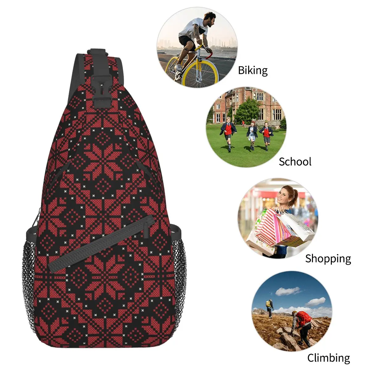 Palestinian Jordanian Tatreez Crossbody Sling Bags Small Chest Bag Palestine Shoulder Backpack Daypack for Hiking Biking Bag