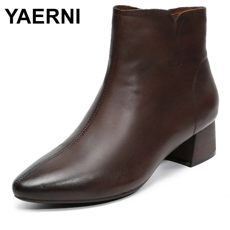 

Fashion Pointed Toe Ankle Boots For Women Cow Genuine Leather Thick Heel Side Zipper Trend Retro Casual Short Boots