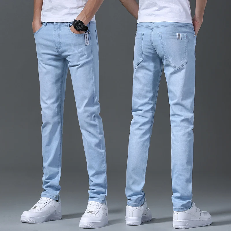 Calça jeans casual reta de perna estreita masculina, azul claro, cinza, estiramento jeans vintage, moda streetwear slim fit, calças de negócios, qualidade