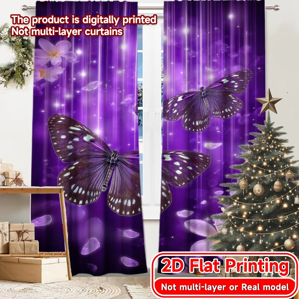 2D FLAT PRINTING 2pcs Curtains (Without Rod) Purple Butterfly Celebration Saint Patrick is Day Festival Chic Print Curtains