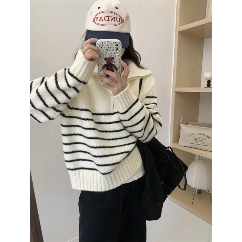 Women Fashion Mock Neck Striped Sweater Pullovers Lantern Sleeve Loose Casual Jumpers New Chic Autumn Winter Knit Shirts Sweater