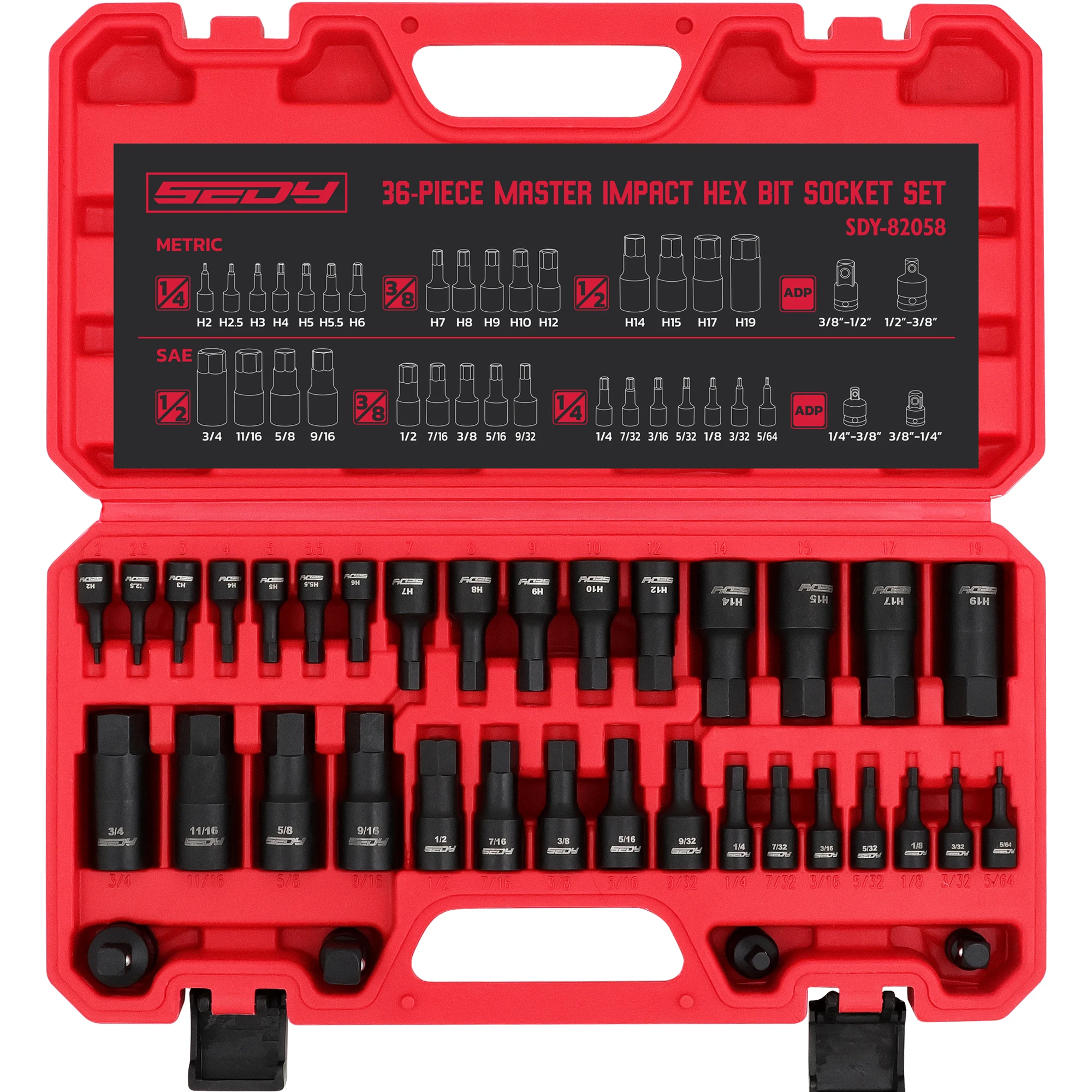 

SEDY 36-Piece Hex Bit Impact Socket Set with 4 Adapters 1/4" 3/8" 1/2" Drive Master Allen Impact Socket Set
