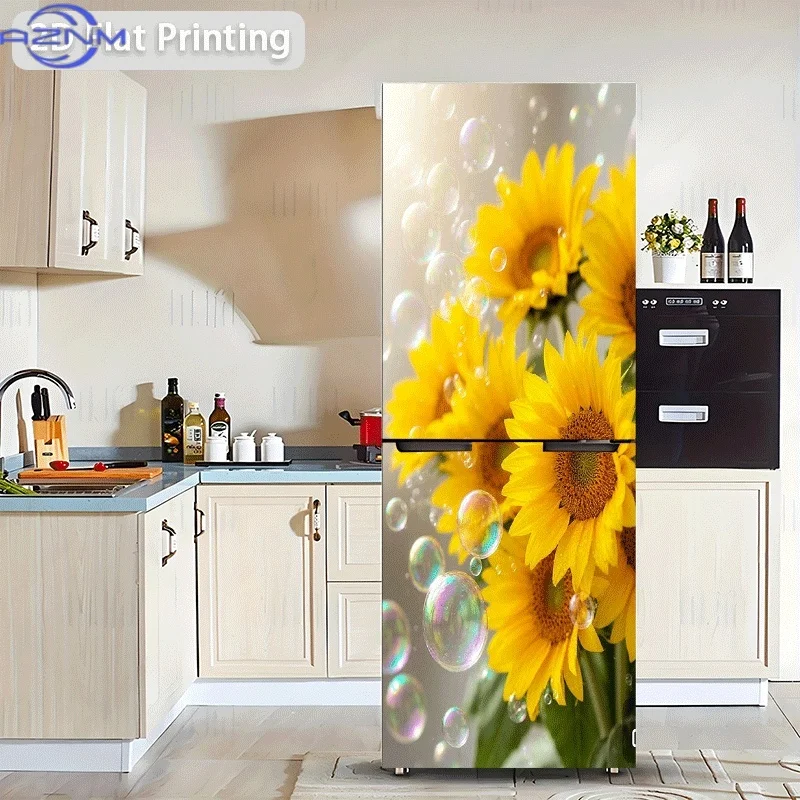 Printing Refrigerator Sticker 60x180cm Sunflower and Bubbles Themed Scene Wall Decal Self-Adhesive Wallpaper Suitable for Cabi