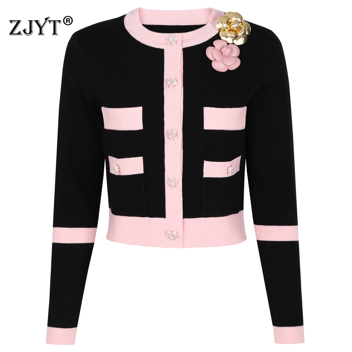 

ZJYT Весенние новые хитовые цветные вязаные кардиганы с 3D цветочным принтом, свитера для женщин, однобортные топы с круглым вырезом, милый повседневный трикотаж Mujer