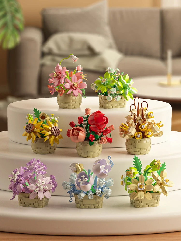 DIY MOC Topf Rose Sonnenblumen Pflanzen Sukkulenten Bonsai Baum Gärten Romantische Bausteine Modell Ziegel Kind Sets Kits Spielzeug Mädchen – Detail 3