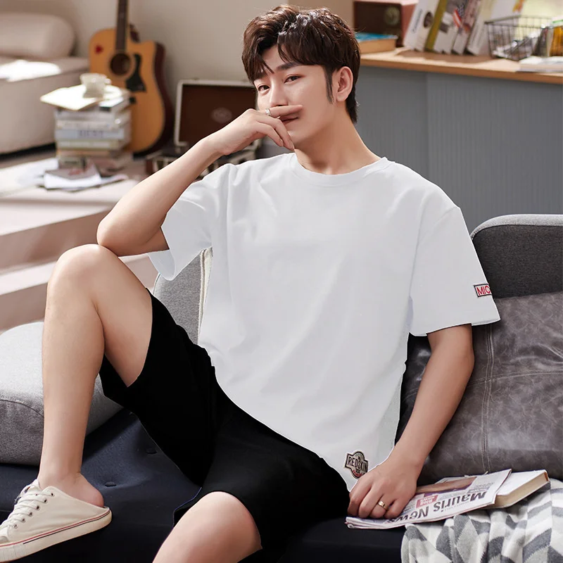 2022 New Summer Pajamas Men\'s Cotton Short Sleeved Shorts Spring And Autumn  Youth Large Size Home Clothes Can Be Worn Out