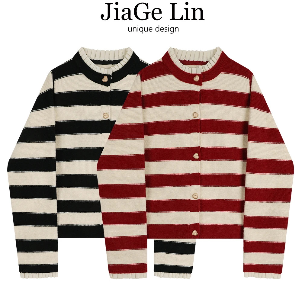 

JiaGeLin Red Stripe Knitted Sweater Coat Women's Autumn Winter Faion Commute round Ne Button up Long Sve Loose Fit Top