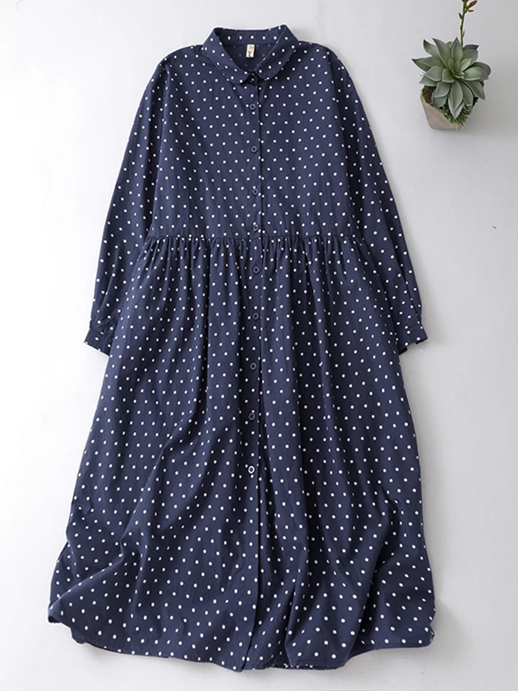 

Женское осеннее новое платье с длинными рукавами, винтажное повседневное свободное платье в горошек с принтом, элегантная однобортная длинная юбка