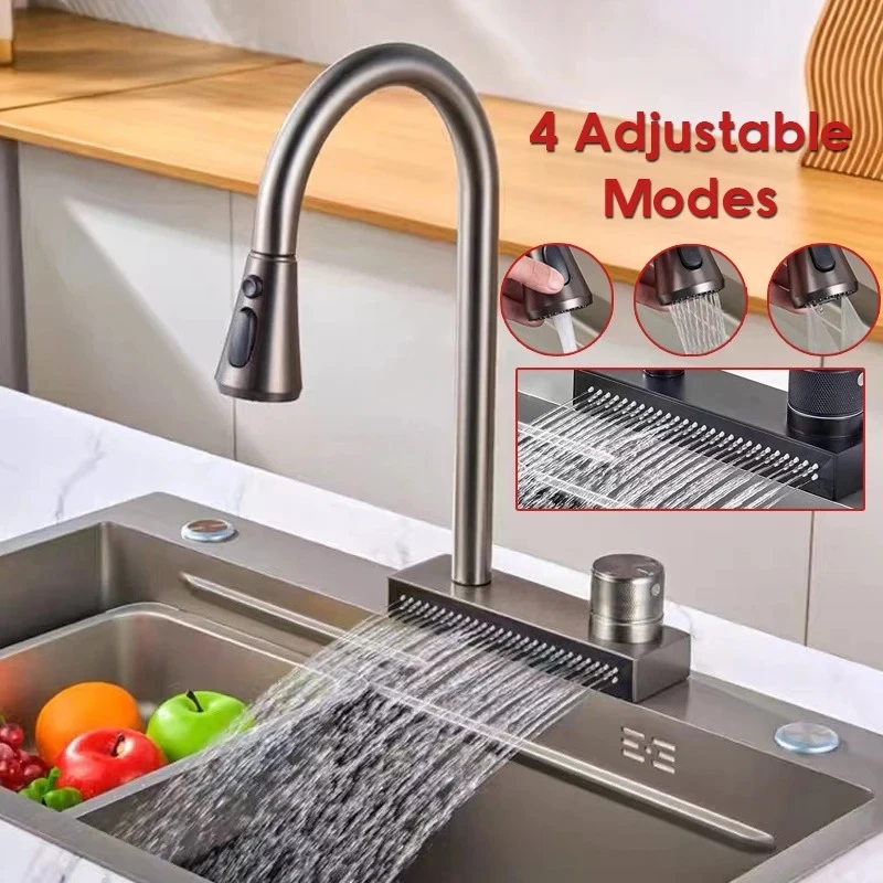 

Pull-out Kitchen Faucet Sink Basin Faucets 4 Modes Adjustable Cold and Hot Water Taps Gray Bathroom Mixer Tap Deck Mounted