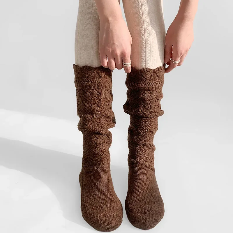 Vintage Brown Calf Socks Wool Cotton Winter Warm Knitted Mid Calf Socks Women Leg Warmers Indoor Floor Socks JK Boots Cover