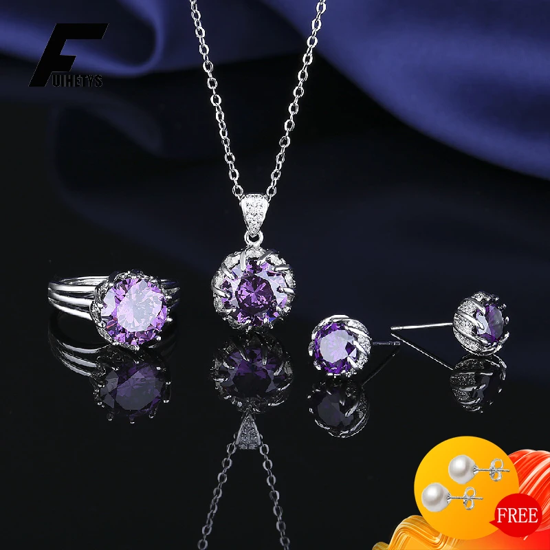 

FUIHETYS New Women Ring Earrings Necklace Jewelry Set 925 Silver Accessories with Zircon Gemstone for Wedding Party Bridal Gift