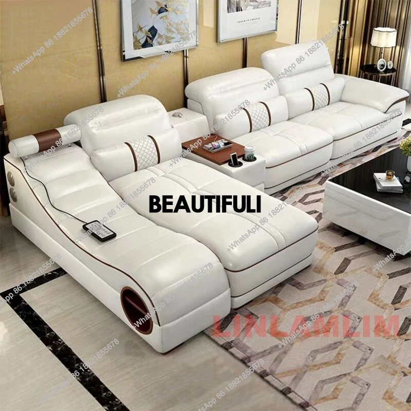 Modern Luxury Sectional Sofa Set with Chaise Lounge – Italian Genuine Leather Couch with Speakers, USB Port & Storage