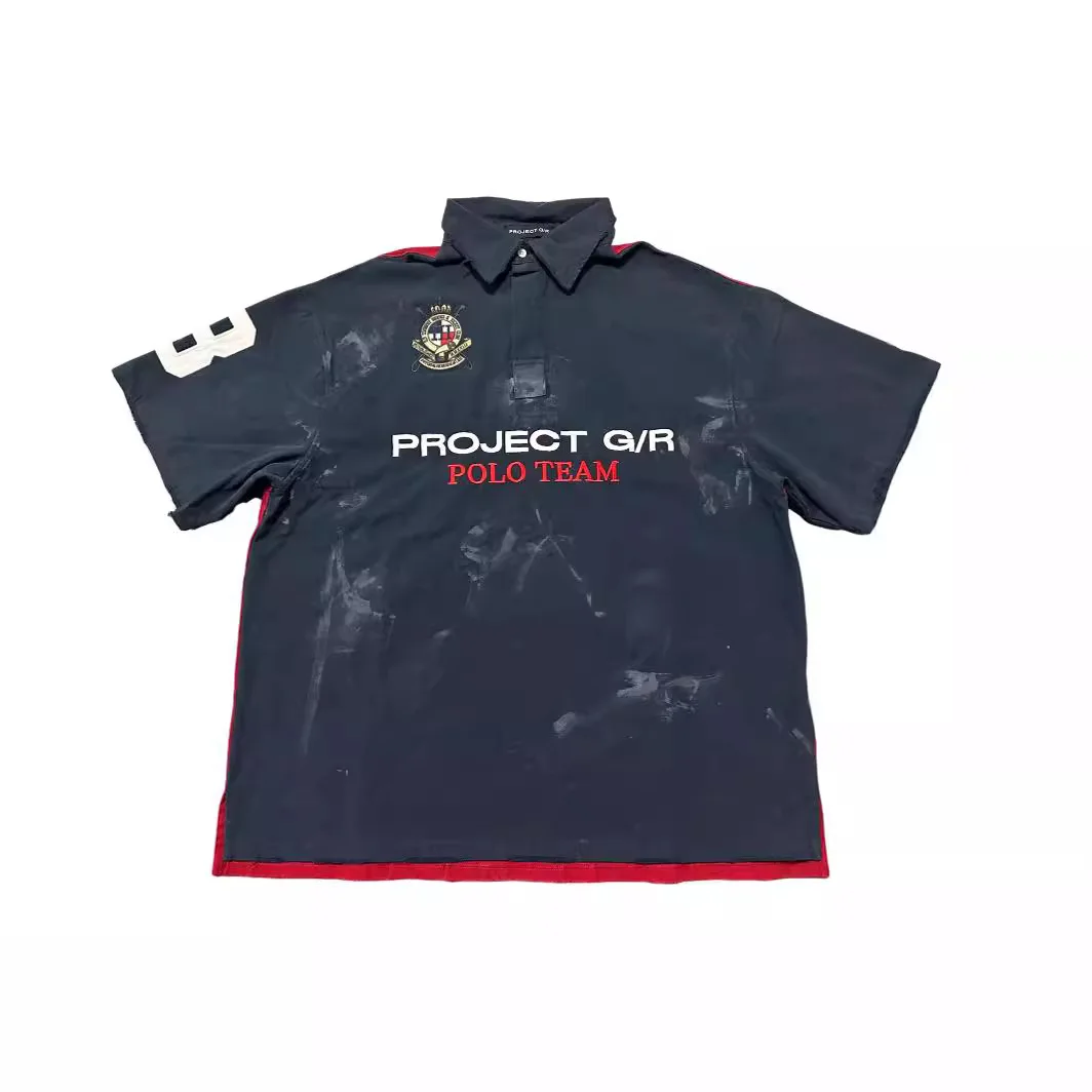 Project G/R Summer Vintage Washed Embroidered Print Collaboration Polo Neck Football Short Sleeve T-Shirt inspired Tee Grailz