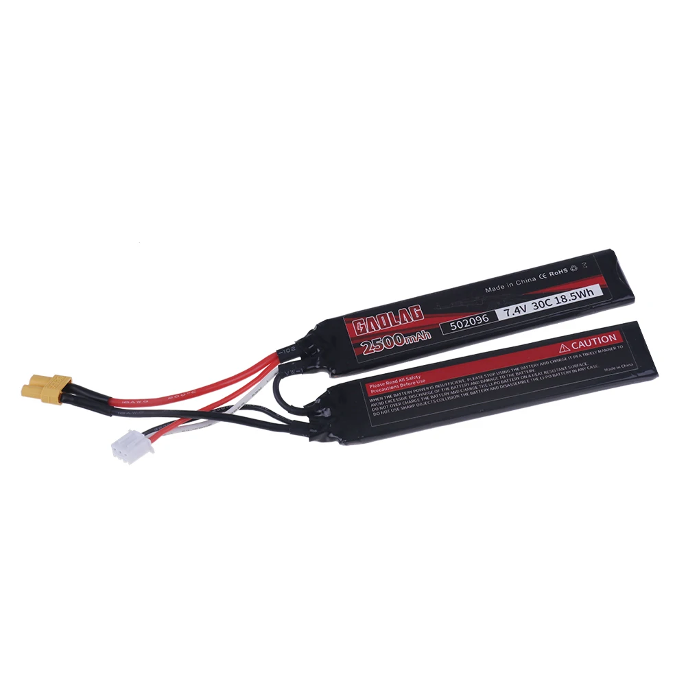 Lipo 7.4v 2500mAh 30C Batteria per pistola ad acqua con connessione divisa/Caricatore 7.4V per Mini Airsoft BB Pistola ad aria compressa Giocattoli elettrici Pistole Parti