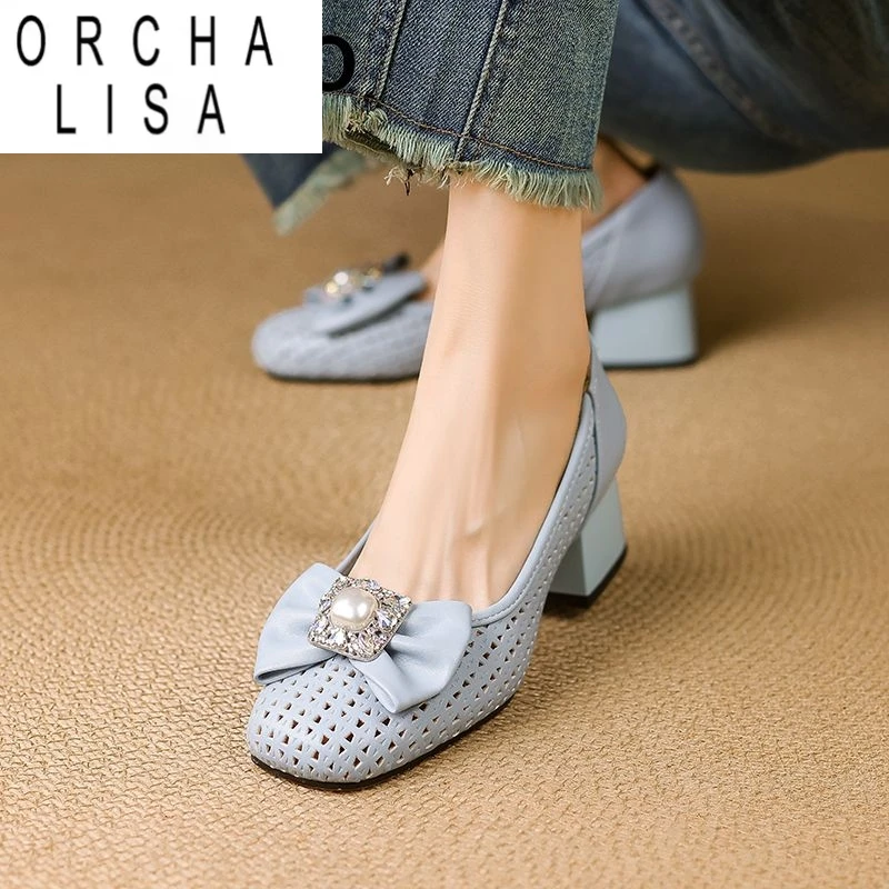 

ORCHA LISA, новый дизайн, женские туфли-лодочки с квадратным носком, блочные каблуки 4,5 см, дышащая повседневная обувь без шнуровки с бантом и кристаллами, большой размер 46 47 48