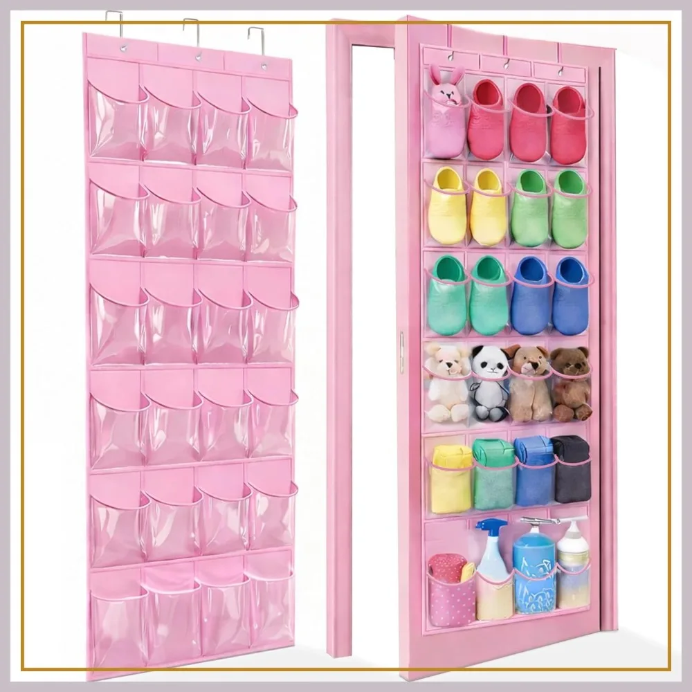 

Over-the-Door Kids Shoe Organizer, Pink Rack, 24 Clear Pockets, Heavy-Duty Hanging with 3 Hooks