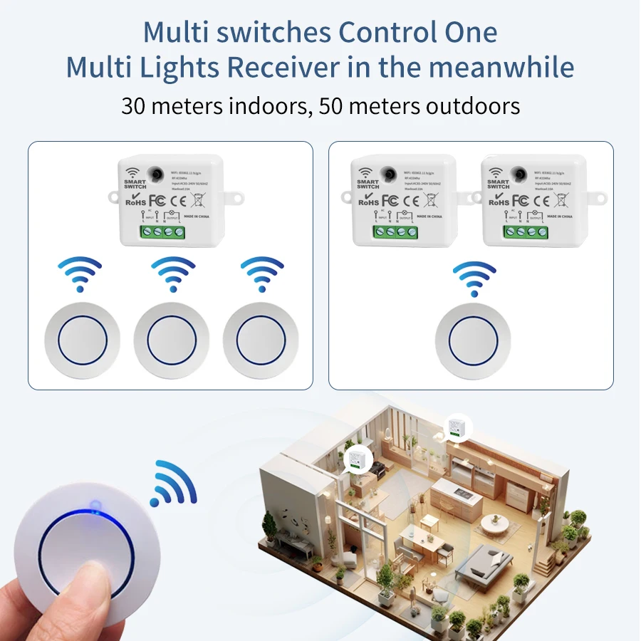 Tuya WiFi Smart Switch Relay Module RF 433Mhz Wireless Mini Round Button Controller Timer Voice Control with Google Home Alexa