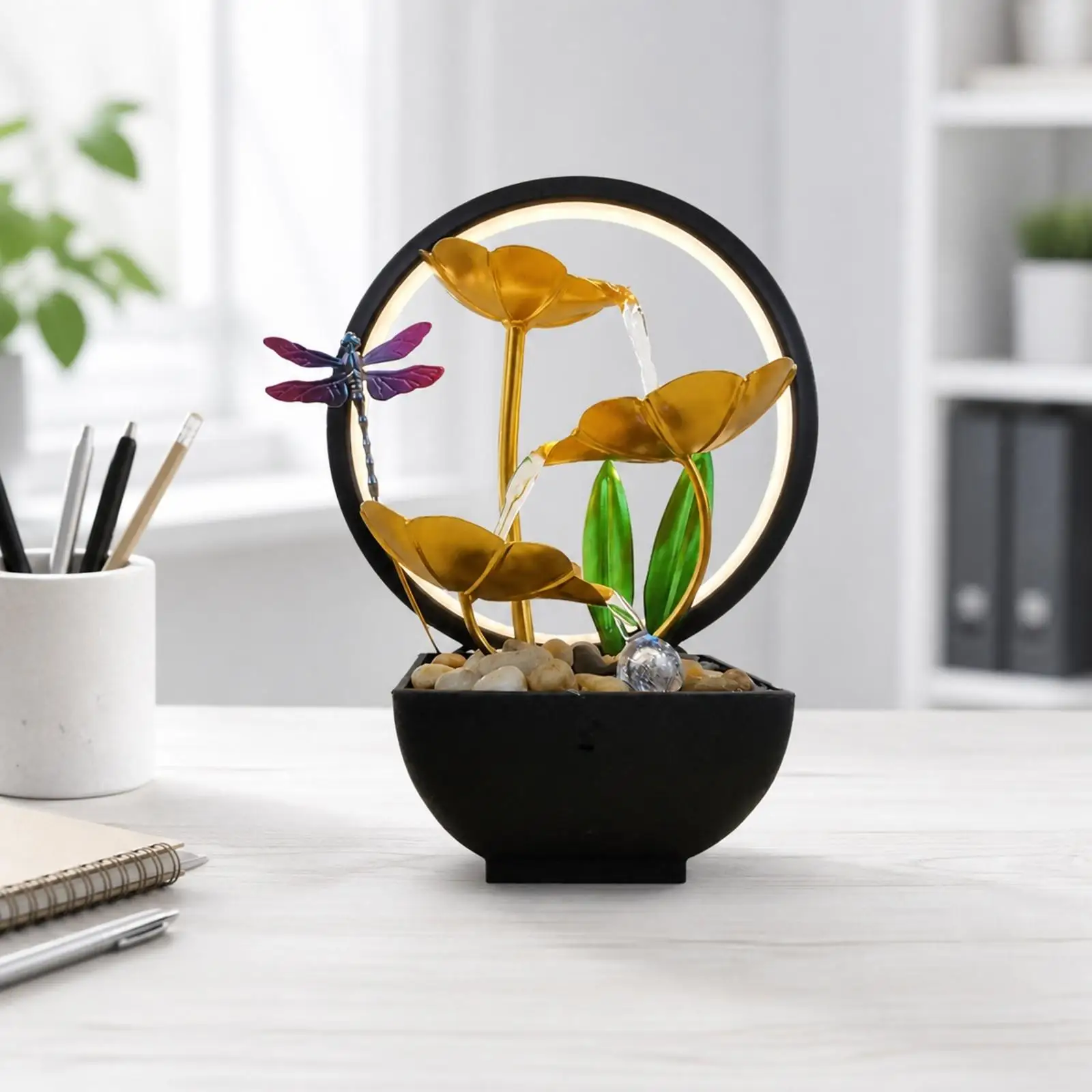 Indoor Metal Water Fountain Pump with Decorative Stones and Illuminated Loop for Tabletop Relaxing Ambience