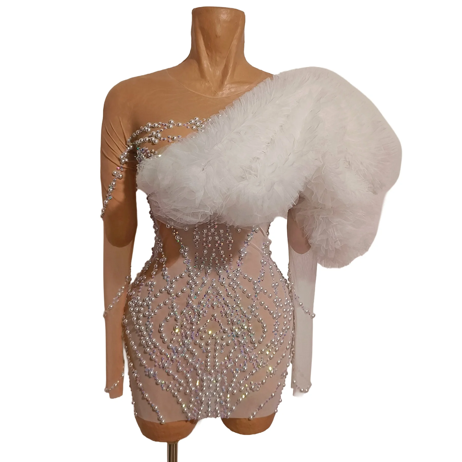 

Tianxiang Sexy White Feather Pearl Rhinestone Sheer Mesh One Shoulder Bodycon Mini Dress Party Club Stage Outfit for Women