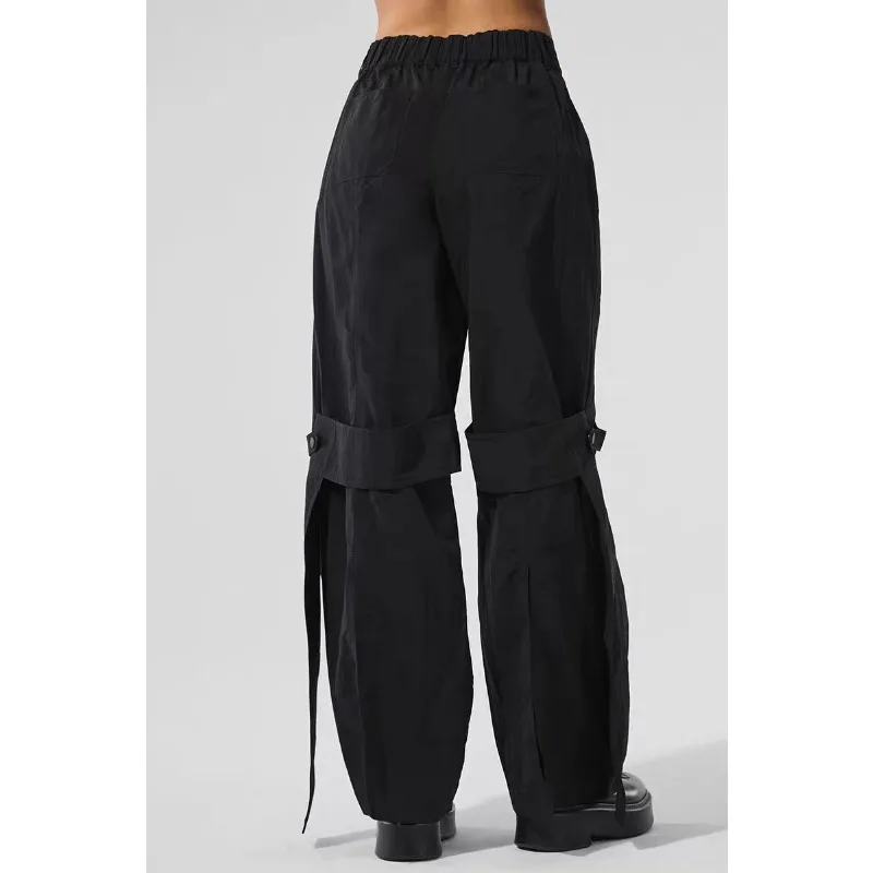 

Y2k Casual Solid Color Loose Wide Leg Black Pants Women's High Street Overalls Retro 2000's Drawstring Belted Design Cargo Pants