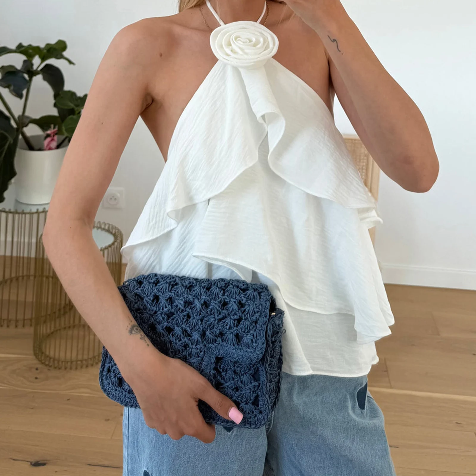Women y2k Fairy 3D Flower Halter Tops Ruffles Layered Backless Sleeveless Tiered Solid Color Crop Tank Tops Streetwear 2025