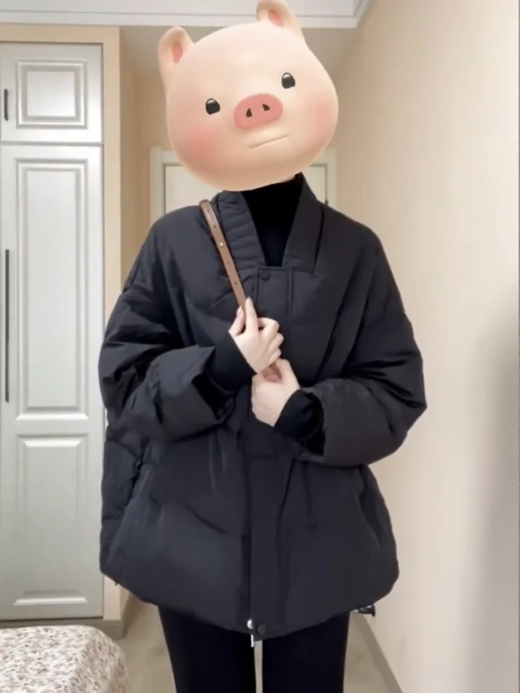 

Black Short Warm Duck down Cotton Jacket Women's Fashionable Autumn Winter New Style Korean Loose Fit Zipper Pocket Design