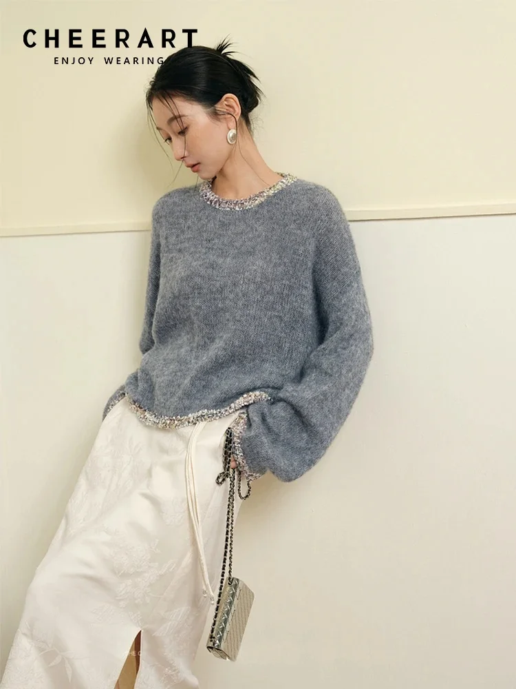 CHEERART Gray Pullovers Sweater Women Long Sleeve Top Luxury Designer Clothing Cozy Sweaters Ladies Fall Clothes