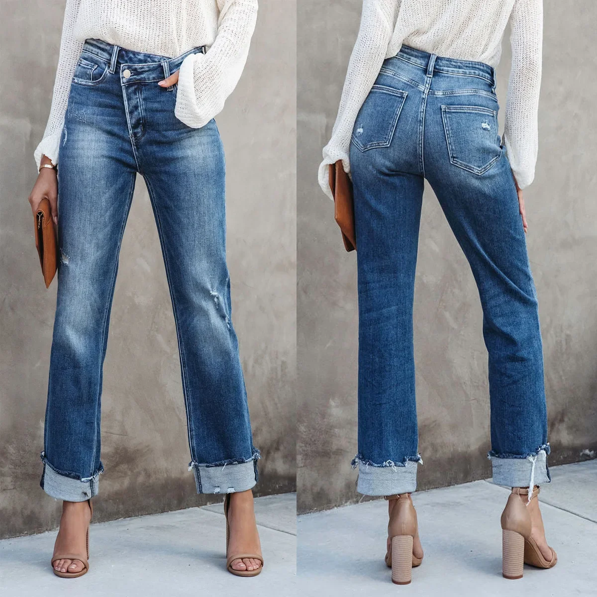 Women Straight Ripped Ankle Length Denim Pants Jeans Solid Color Summer High Waist Pockets Button Pants