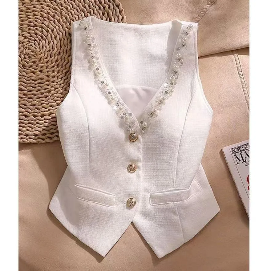 Women Elegant White Tweed Vest Sleeveless V Neck Pearl Beaded Trim Waistcoat Gold Button Slim Fit Short Tank Top Office Lady Chi