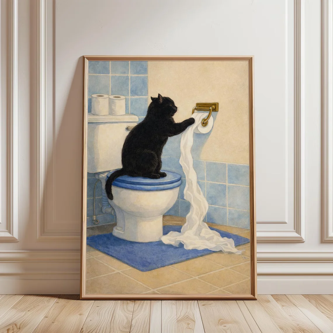 Divertido Cuadro Decorativo de Gato para Baño - Ilustración Realista de un Gato Negro Travieso Sentado en un Inodoro Blanco, Desenrollando la Papelera