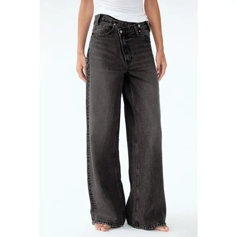 

Винтажные джинсы с высокой талией, женские потертые широкие джинсовые брюки нестандартной формы, асимметричные мешковатые повседневные брюки