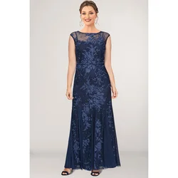 Plus Size Mother Of The Bride Navy Blue Lace Stitching Fishtail Plant Embroidery Printed Maxi Dress