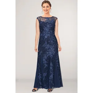 Mutter der Braut Maxi Marineblau, Spitzengenähte, Fischschwanzpflanze Stickerei, gedruckt, Plus Size 10 Hauptverkaufskleid plus Größe Marine Blau - №9