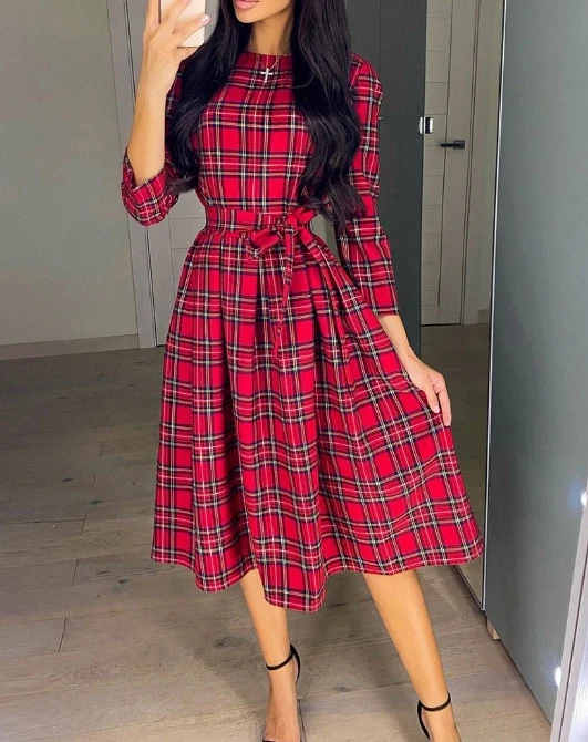 

Women's Urban Style Dress 2024 Spring Summer Latest Fashion Red Plaid Round Neck Long Sleeved Waist Wrapped Maxi Medium Skirt