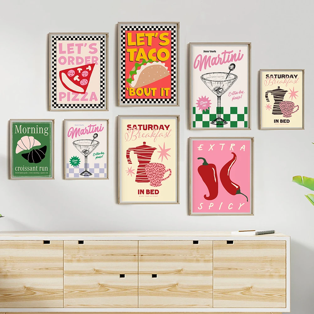 

Vintage Fashion Kitchen Food Print Posters Pizza Taco Cocktail Bar Cart Aesthetic Canvas Painting Bedroom Wall Art Home Decor