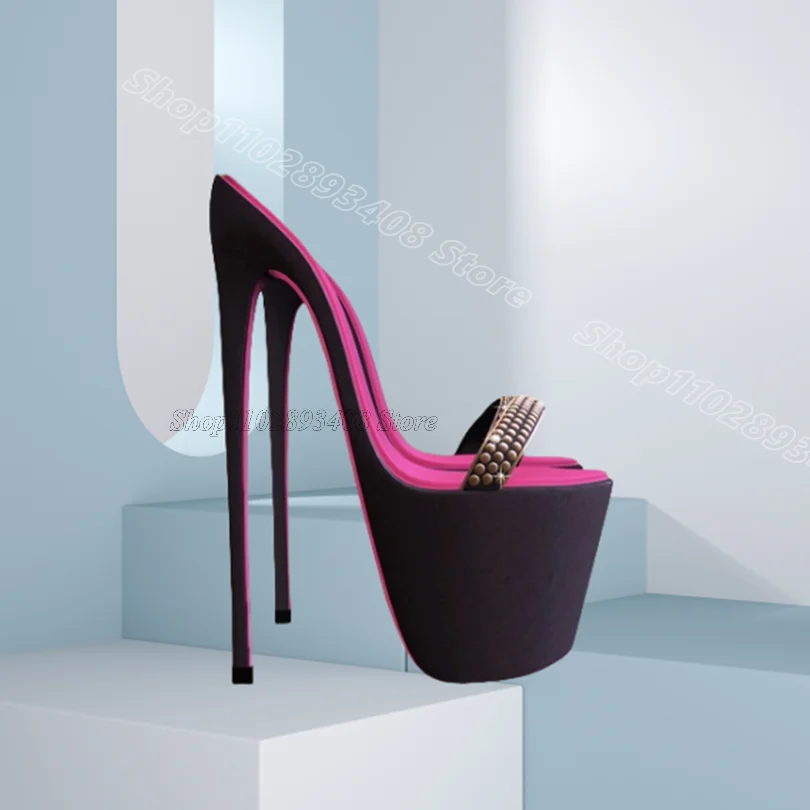 

Black Rivet Decor Platform Stiletto Slippers Open Toe Fashion Summer British Style Casual Party Slippers Zapatos Para Mujere