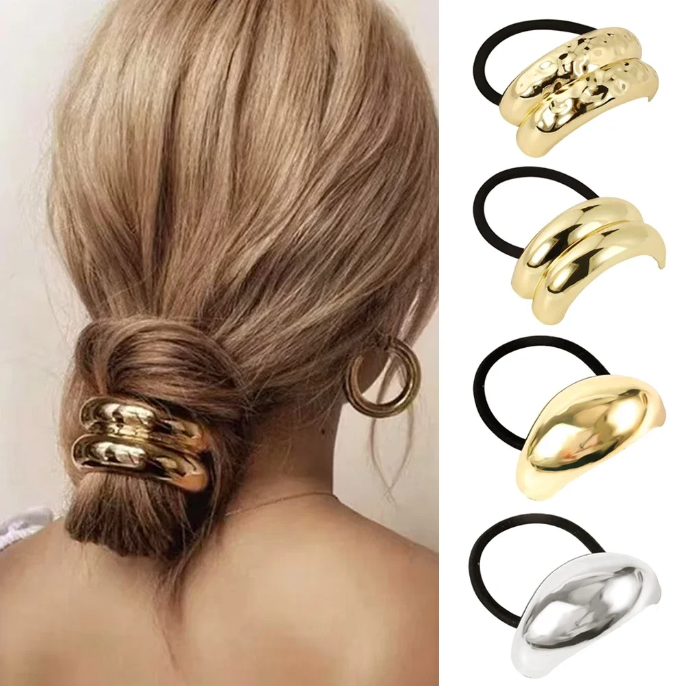 Classic Irregular Geometric Charms Hair Ties Gold Silver Metal Ponytail Holder Hair Cuff Rope Women Girls Elastic Rubber Band