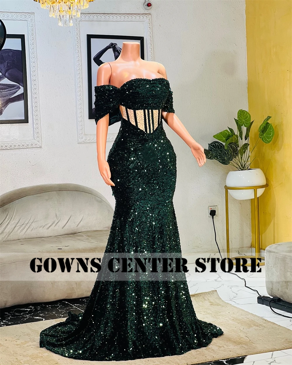 Affascinanti abiti da ballo africani Aso Ebi verde scuro con paillettes al largo della spalla abito da sera da cocktail abiti da festa personalizzati