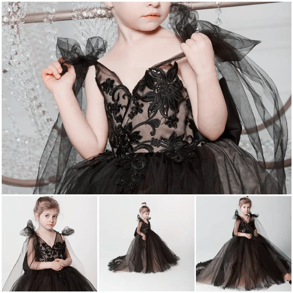 

First Communication Dress Black Angel Flower Girl Dress Wedding Party Tulle Lace Girls Toddler Dress Princess Pageant Gown Kids