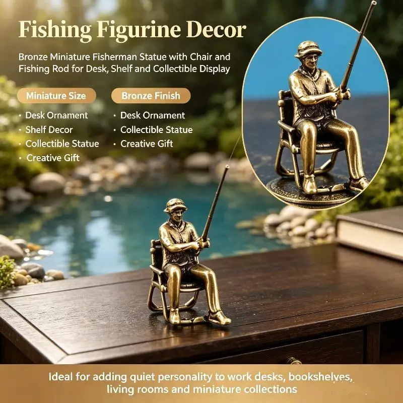 Brass Fisherman Angler Miniature Figure 1:64 Scale Doll Model for Micro Landscape Diorama Sand Table Decor