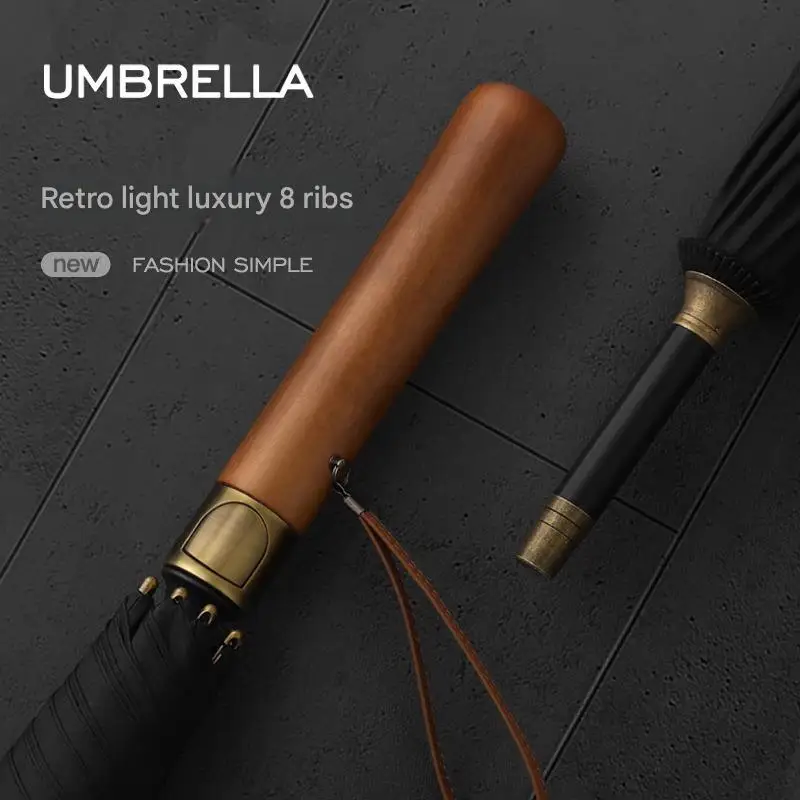 27 Inch 8 Ribs Semi Automatic Long Handle Umbrella 300T Straight Windproof Wooden Handle Gift Umbrella