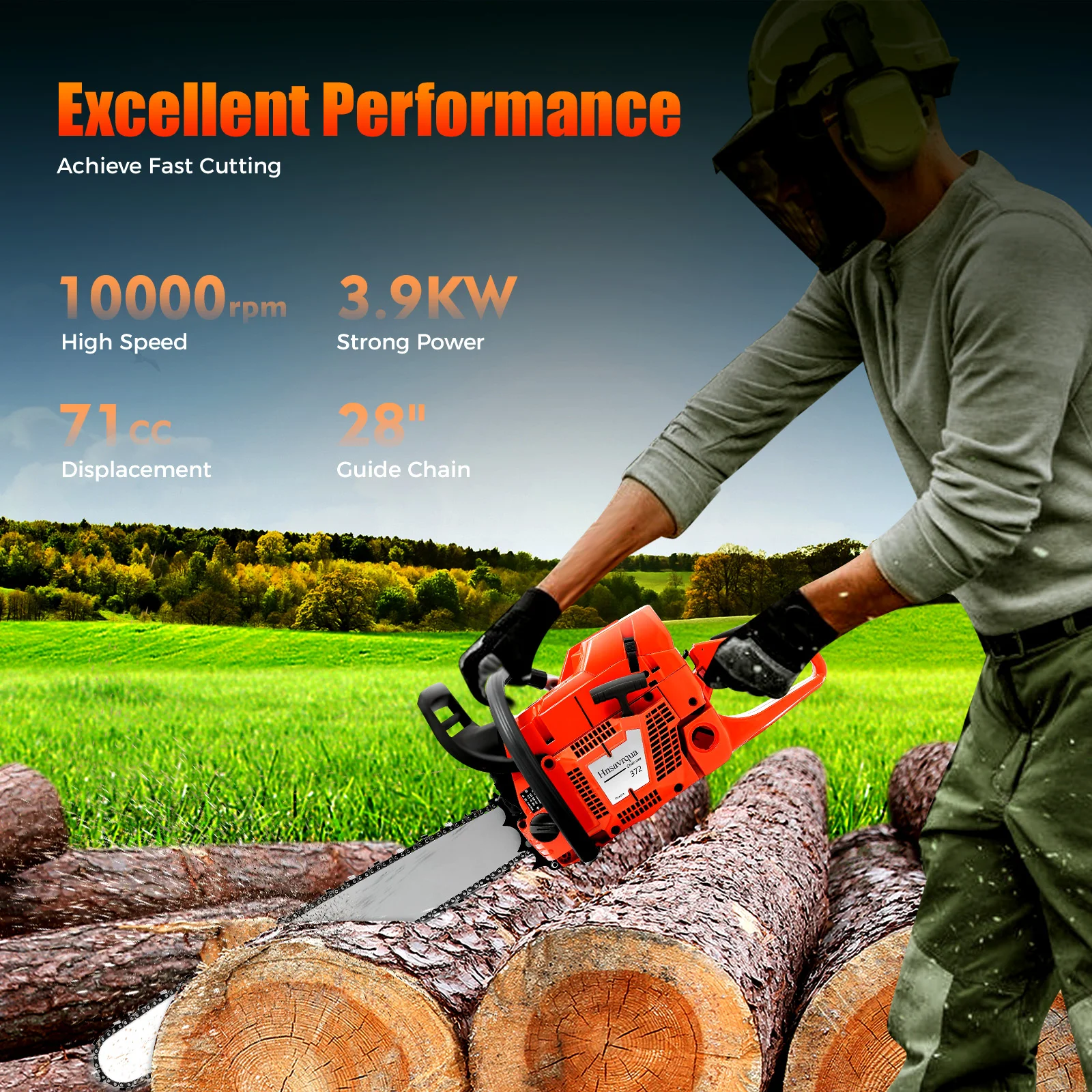 2-Stroke 71cc Gasoline Chainsaw, 28in Gas-powered Chainsaw Chain, Air-cooled Power Saw With Guide Plate For Home, Garden, Ranch