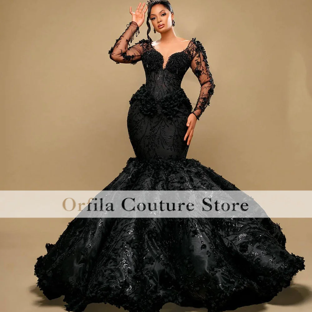 Black Sequin Prom Dresses Black Girls 2025 Crystal Mermaid Party Gowns Long Sleeves African Evening Dress Customized