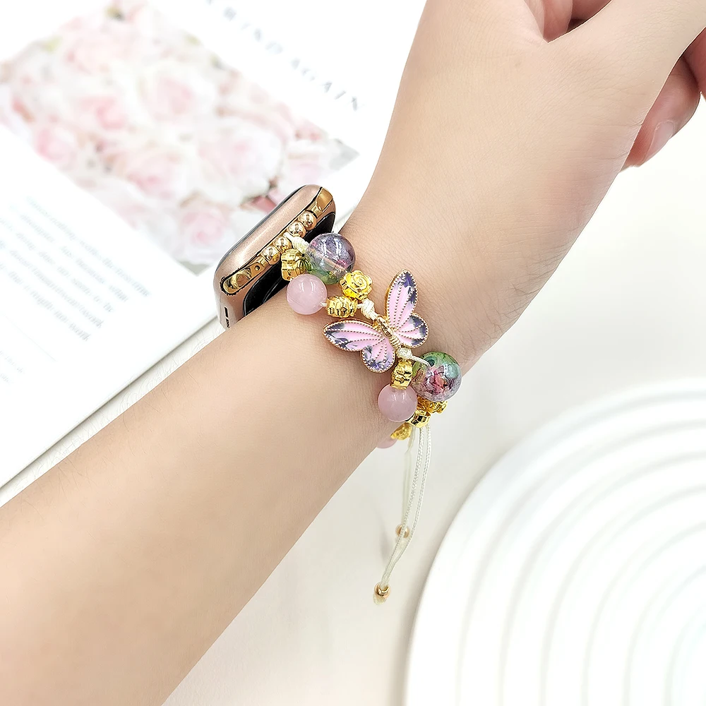 Correa de mariposa de colores para Apple Watch, pulsera con cuentas florales, cadena para Iwatch 40, 41, 42, 44, 45, 49mm, joyería para mujer