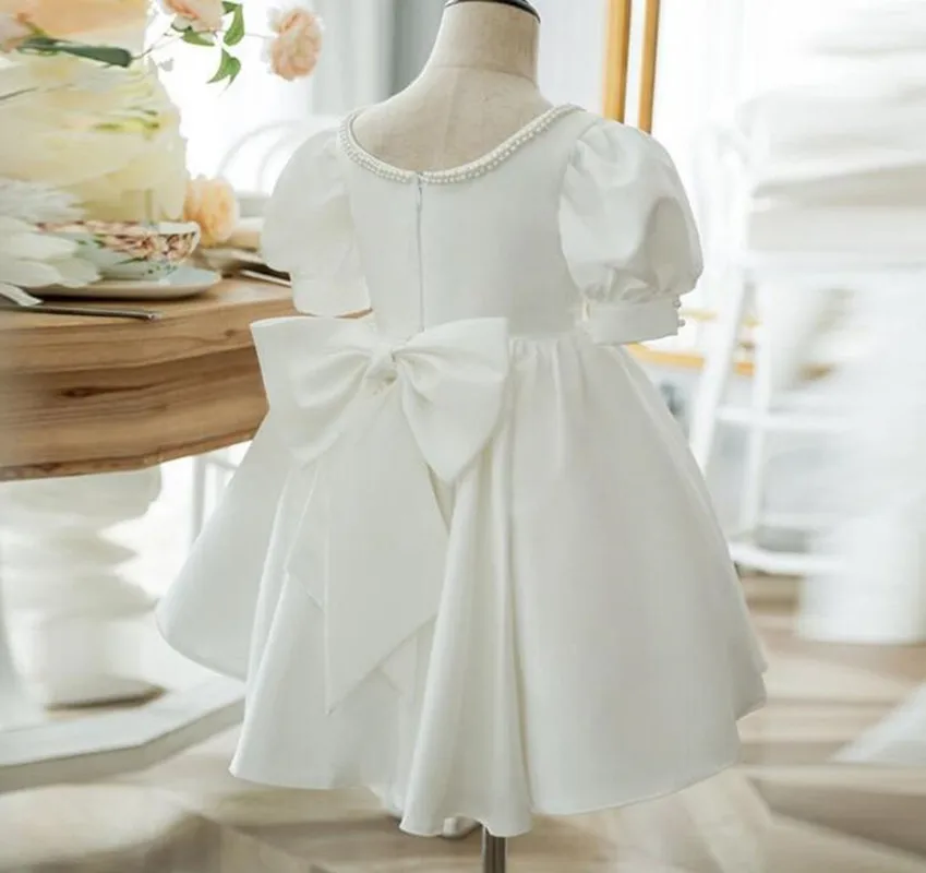 Cute Baby Girl Dress with Puff Sleeves White Solid Satin Kid First Birthday Gown Flower Girl Dress Baptism Gown Big Bow