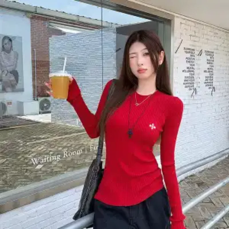 

Women's New Spliced Pullover Round Neck Fashionable Solid Color Slim Versatile Casual Long-sleeved Knitted Top