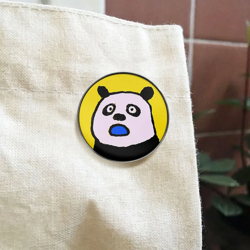 Surprised Panda UV Printing Pin Cartoon Graffiti Animal Brooch Yellow Background Lapel Badge For Young People