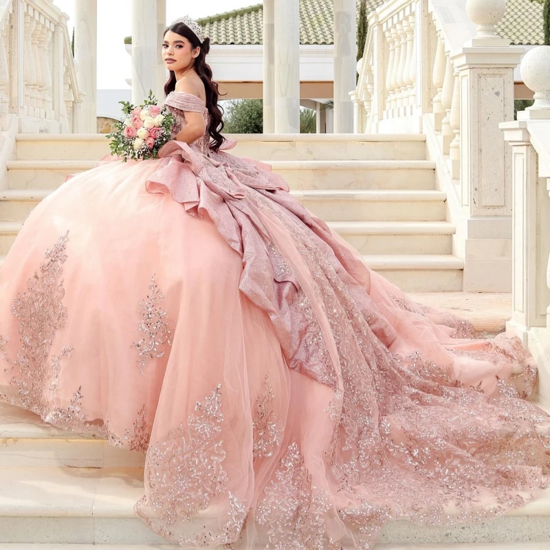 

Light Pink Shiny Ball Gown Quinceanera Dresses Sequin Applique Lace Beading Crystal Bow Tull Corset Off Shoulder Sweet 16 Dress