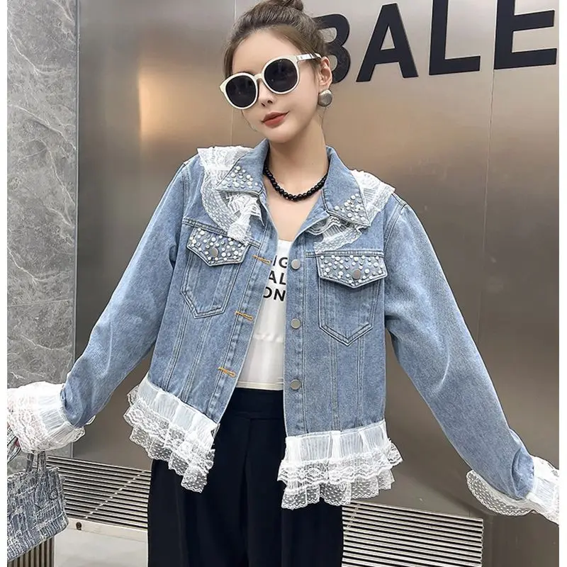 Nail Bead Denim Jacket Women Spring Autumn Coat 2025 New Fashion Lace Edge Jacket Top Vintage Cowboy Coat Female Outerwear