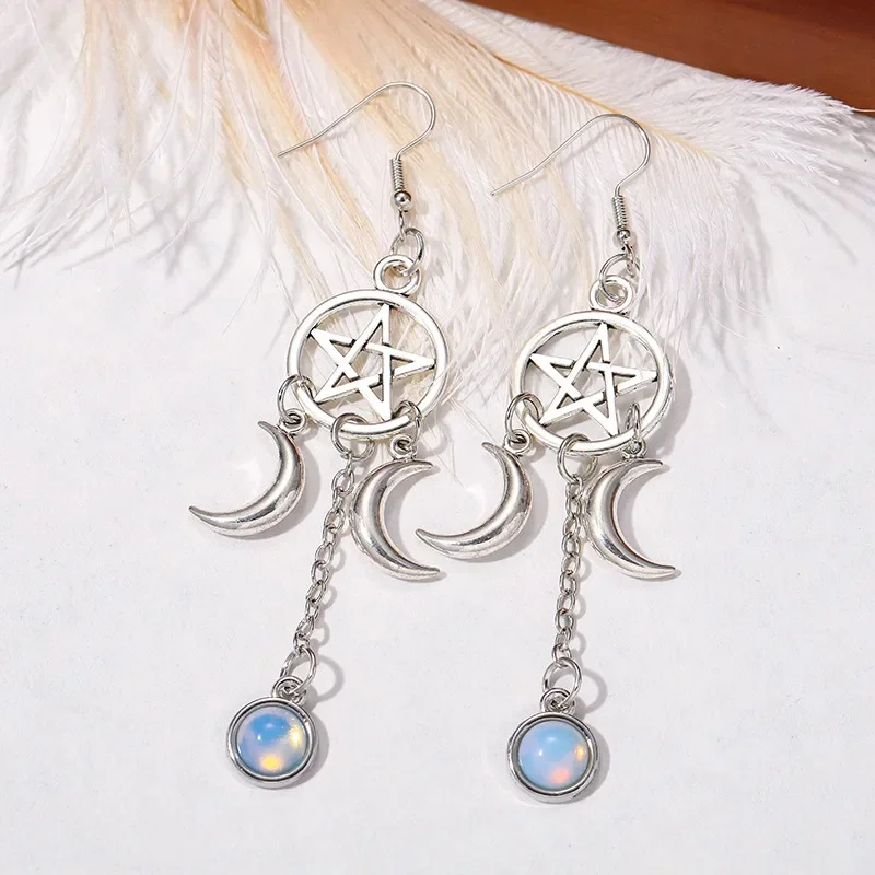 New Gothic Pentagram Crescent Purple Crystal Earrings for Women Fashion Multicolour Moonstone Jewelry Party Accessories Gifts